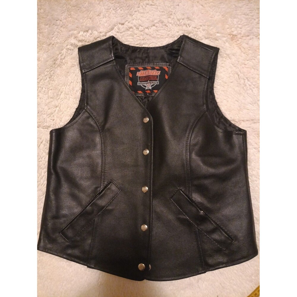 Vintage Interstate Gen Leather Biker Vest Mens L Black Snap Front Motorcycle